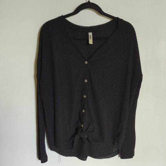 Lara Fashion Button Tie-Front Black Waffle-Knit Cardigan Boxy Oversized Size M - Picture 1 of 5